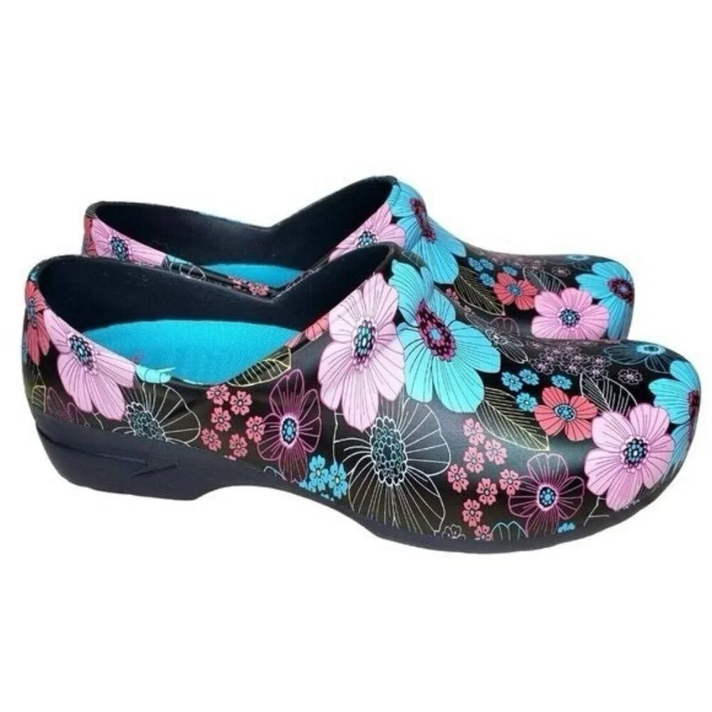 Black Floral Slip-On Clogs in Pink & Turquoise - Picture 3 of 15